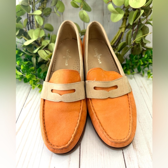 Cole Haan Women’s Penny Loafers Orange & Tan Nubuck Leather Size 7B - Picture 2 of 8